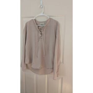 Thread & Supply Lace Up Front Long Sleeve Cream Blouse, Large Y2K, Boho